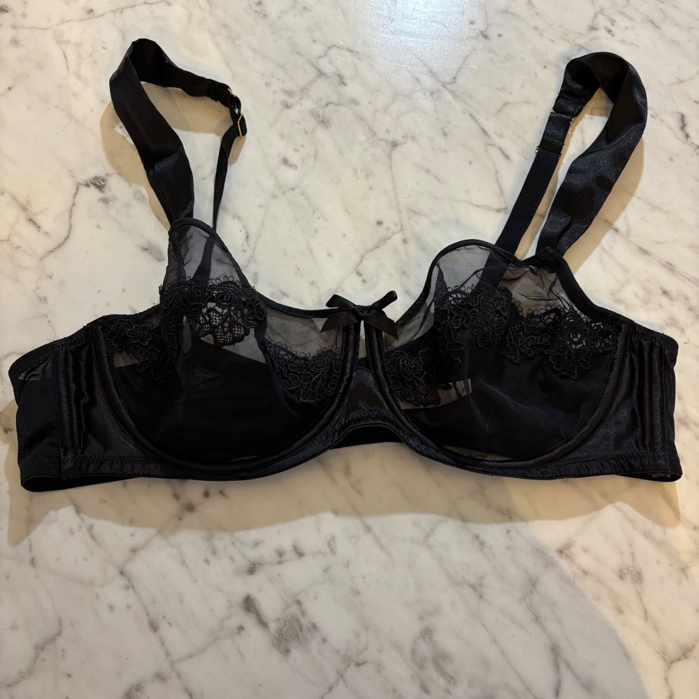 Cacique Black Sheer Mesh Lace‎ Underwire Bra 40D Floral Embroidery Sexy